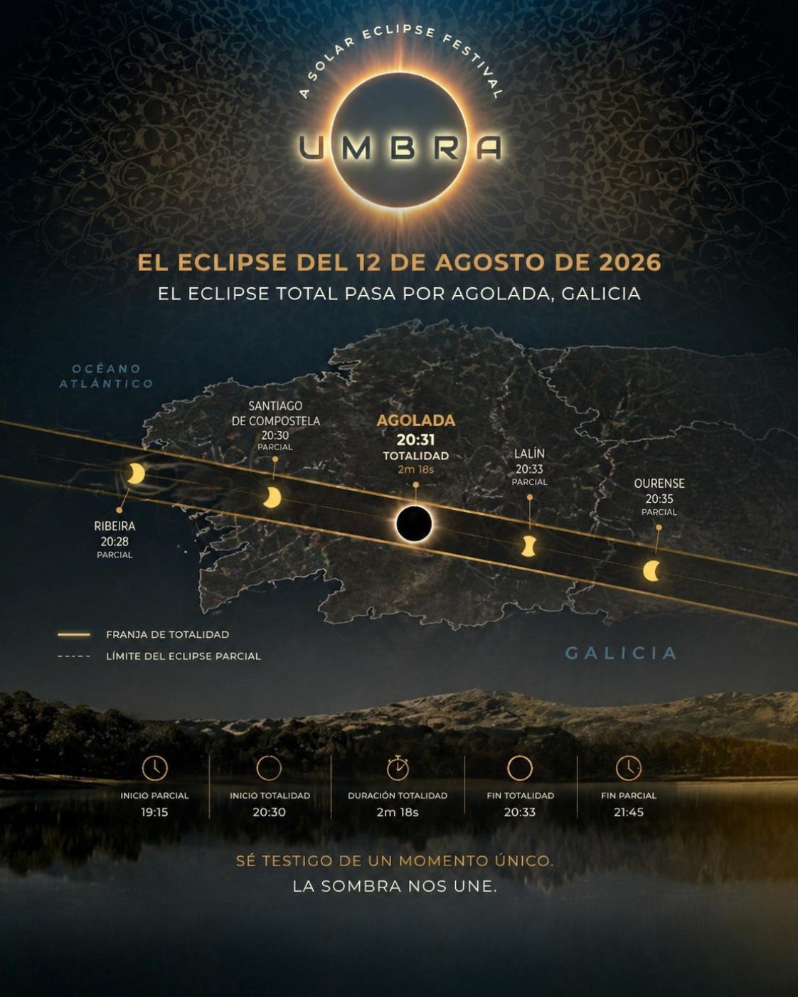 Mapa de la franja de totalidad del eclipse sobre Galicia